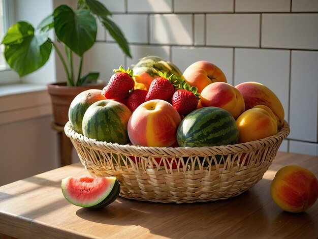 Een fruitmandje met watermeloenen, meloenen, aardbeien en perziken op een tafel in de zonnige keuken