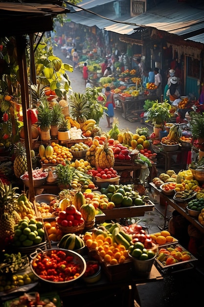 een fruitmarkt met een mand vol fruit en groenten