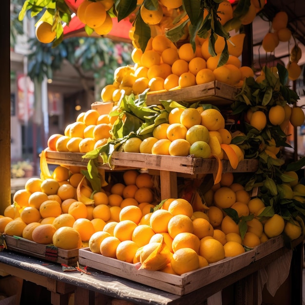 Een fruitmarktkraam met hopen sinaasappels en citroenen