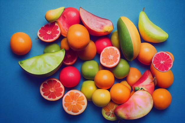 Een fruitsamenstelling Gesneden sinaasappels, peren, appels, druiven, mandarijnen, liggend op het oppervlak