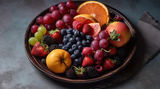 Een fruitschaal met allerlei soorten fruit erop