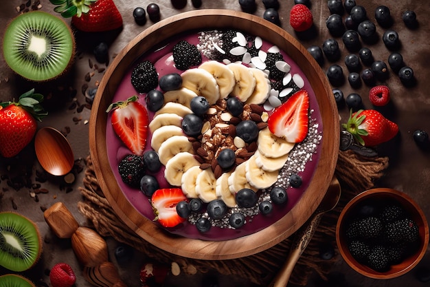 Een fruitschaal met diverse toppings waaronder bananen, noten en granola.