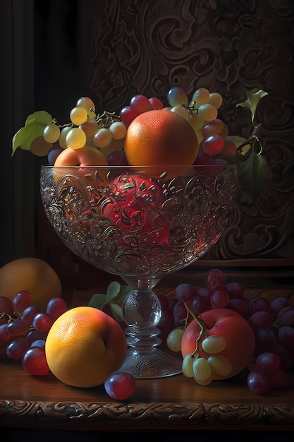 Een fruitschaal met druiven en perziken erop