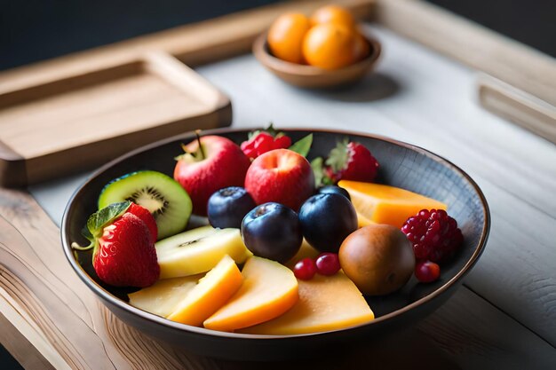 een fruitschaal met een houten dienblad met fruit op tafel.