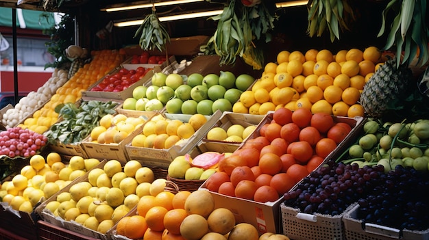 Een fruitstand vol met een verscheidenheid aan verse vruchten