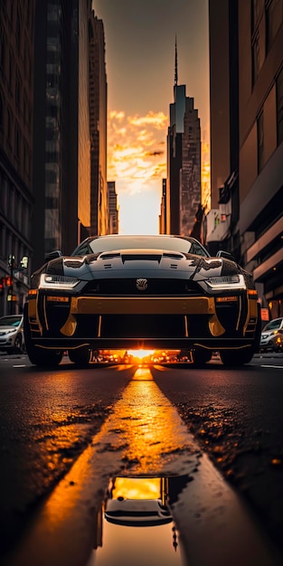 Een Future Sportscar maakt een wilde achtervolging New York City 42nd Street zonsondergang