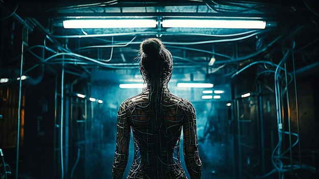 Een futurist die voor een lichaam staat met de technologie