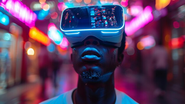 Een futuristisch concept voor VR- en AR-technologie Een man met een 3D-headset met virtuele realiteit kijkt op naar de cyberspace Simulatie van de fysieke en virtuele wereld Digitale entertainment voor