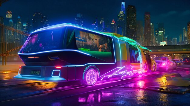 Een futuristisch elektrisch vrachttransport dat 's nachts door een stad navigeert en zijn innovatieve verlichtingssysteem laat zien