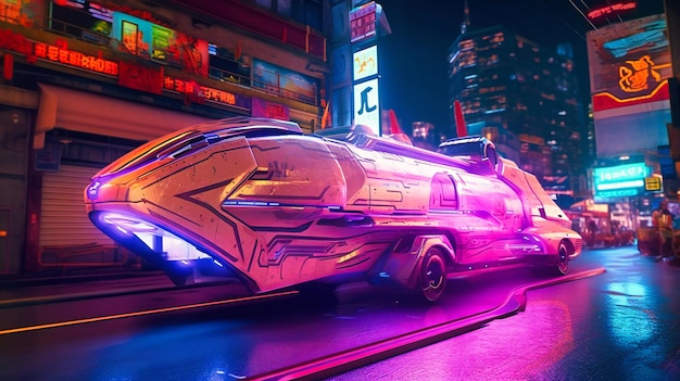 Een futuristisch elektrisch vrachtvervoer dat 's nachts door een neonverlichte stad vaart en het gestroomlijnde ontwerp benadrukt