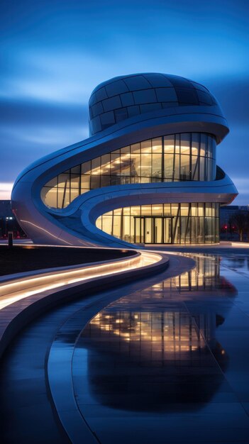 een futuristisch gebouw met een gebogen gevel en een slanke glazen buitenkant