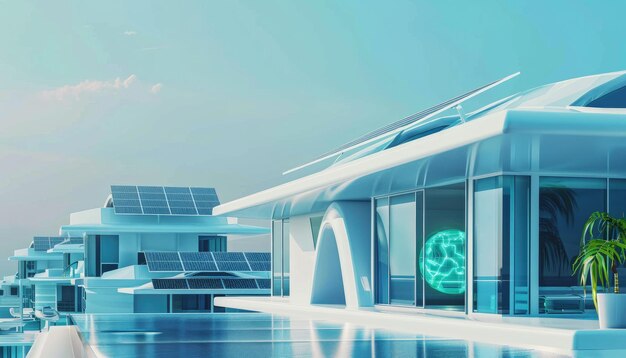 Een futuristisch gebouw met een grote groene bol in het midden van de voorkant door een door AI gegenereerde afbeelding