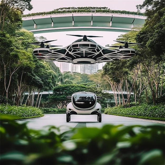 Een futuristisch groen hybride voertuig met drone die over een weg met bomen rijdt
