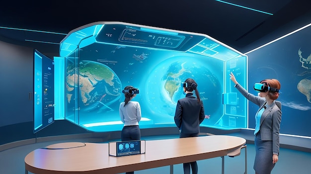 Een futuristisch holografisch beeldscherm in een klaslokaal, virtuele realiteit geïntegreerd in de leerervaring