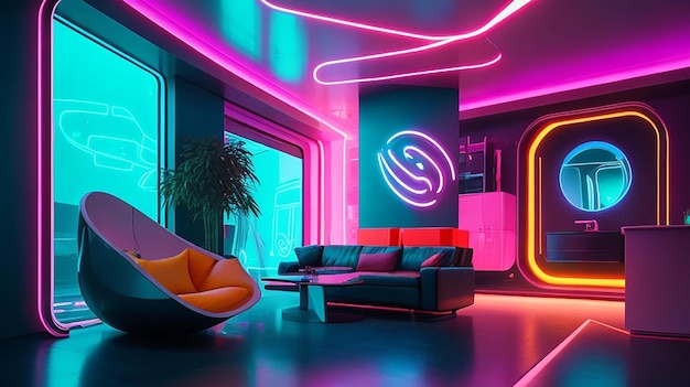 Een futuristisch huis met een levendig, neonverlicht interieur met strak modern meubilair en abstracte kunst