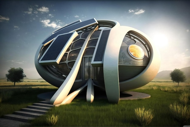 Een futuristisch huis met zonnepanelen op het dak