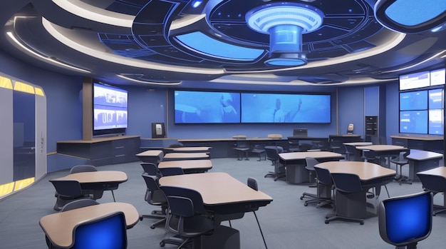 Een futuristisch klaslokaal met gloeiende schermen en robotassistenten