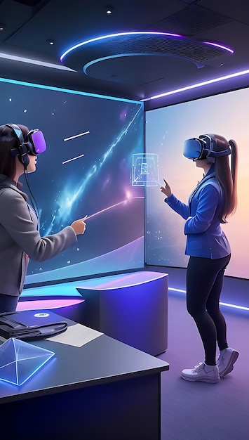 Een futuristisch klaslokaal met holografische displays van virtuele realiteit geïntegreerd in de leerervaring