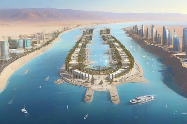 Een futuristisch modern klein stadslandschap in een woestijnmeerrivier naast het woestijngebouw