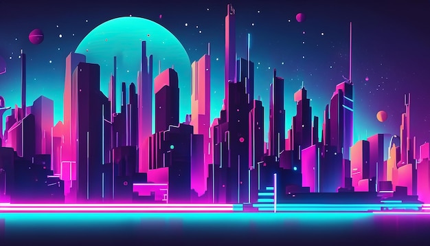 Een futuristisch neon stadsbeeld met neonglans en wolkenkrabbers achtergrondbehang