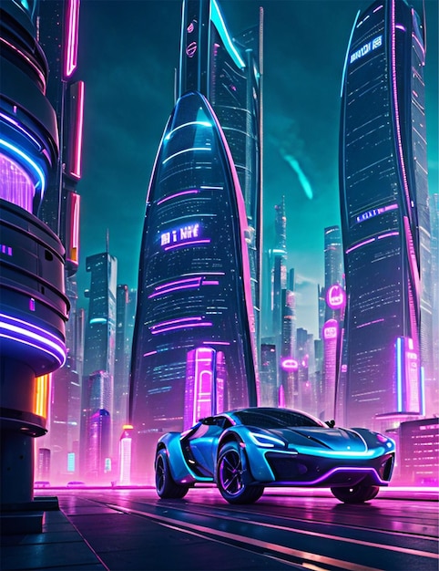 Een futuristisch neonverlicht stadsbeeld van torenhoge wolkenkrabbers en vliegende auto's