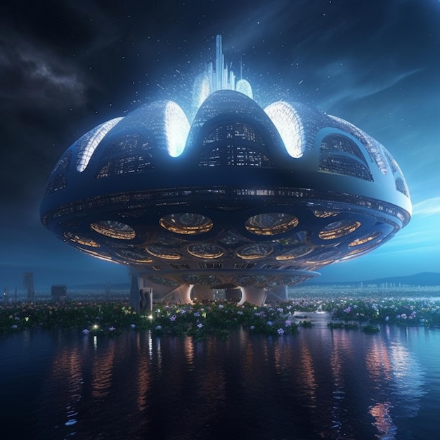 Een futuristisch ogend gebouw met een grote ufo op de top.