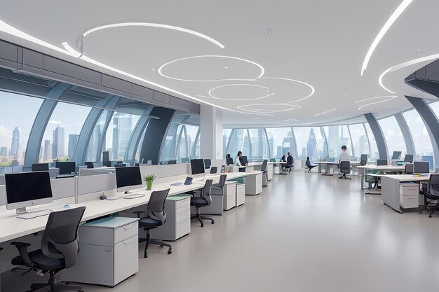 Een futuristisch open kantoor met een glazen vergaderzaal, hightech-apparatuur en geavanceerde communicatiesystemen die werknemers wereldwijd verbinden