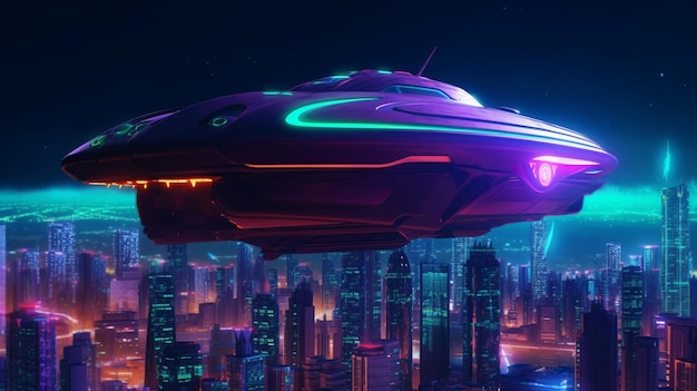Een futuristisch ruimteschip dat in de nachtstad zweeft.