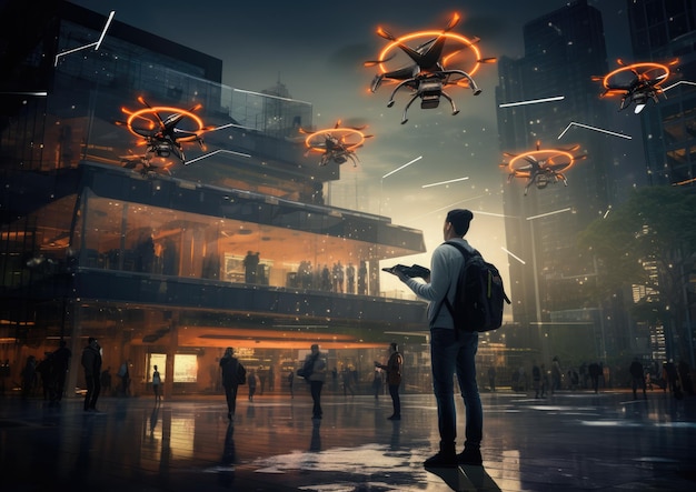 Een futuristisch scenario waarin AI-gedreven drones marketingmateriaal verspreiden in een slimme stad