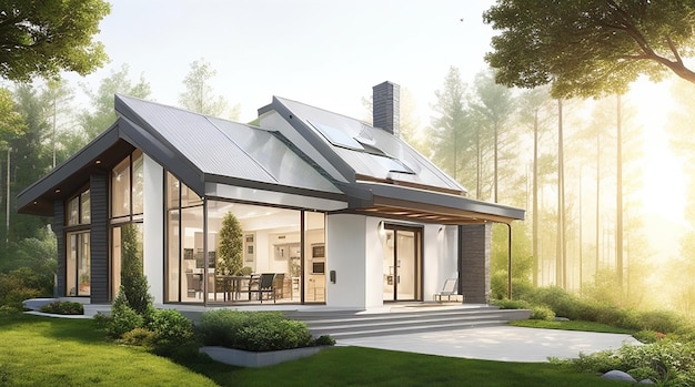 Een futuristisch slim huis waar technologie voldoet aan luxe energie-efficiëntie en naadloze integratie met de natuur