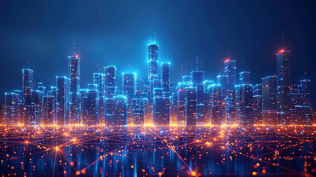 Een futuristisch smart city panorama met technologische gebouwen tegen een donkerblauwe achtergrond en verlichte gebouwen's nachts Low poly wireframe 3D moderne illustratie