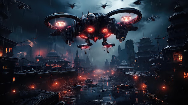 Een futuristisch stadsbeeld met drones die boven neonlichten vliegen