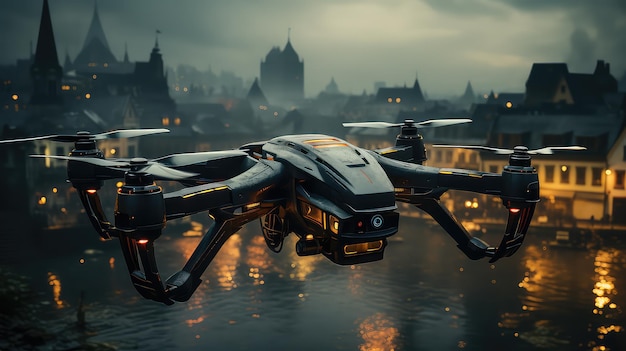 Een futuristisch stadsbeeld met drones die boven neonlichten vliegen