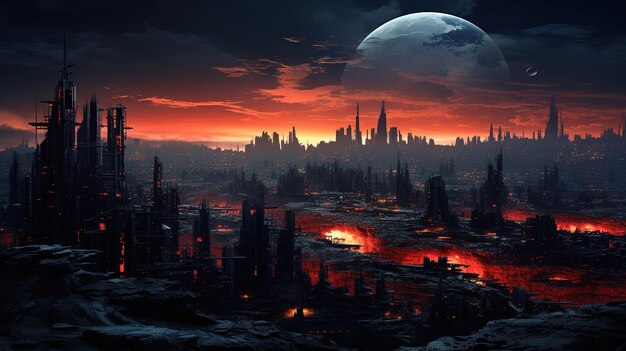 Foto een futuristisch stadsbeeld met een post-apocalyptische en donkere toon generatieve ai