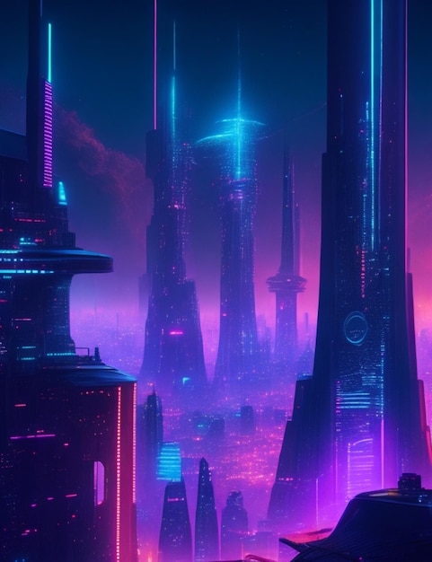 Een futuristisch stadsbeeld met torenhoge gebouwen en een levendige skyline in technicolor
