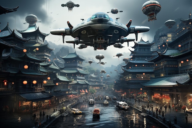Een futuristisch stadsbeeld met vliegende auto's en robots.