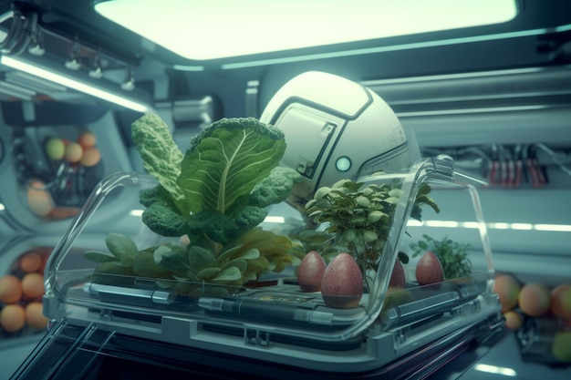 Foto een futuristisch tafereel met een robot en planten in een tray.