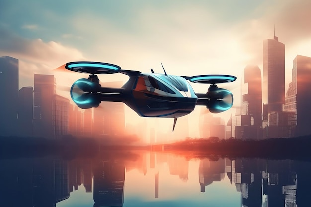 Een futuristisch vliegend Air taxi voertuig met een stad op de achtergrond