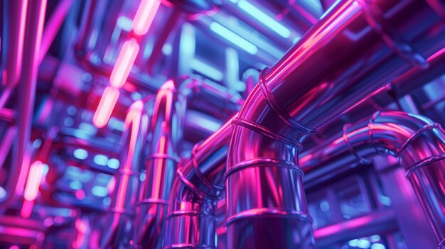 Foto een futuristische 3d-animatie van een complex netwerk van neonverlichte pijpen met levendige roze en blauwe tinten die een cyberpunk industriële omgeving met een hightech vibe weergeven