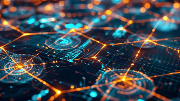 Een futuristische 3D-weergave van een blockchain-netwerk met digitale munten die de transparantie, veiligheid en gedecentraliseerde aard van cryptocurrency illustreren