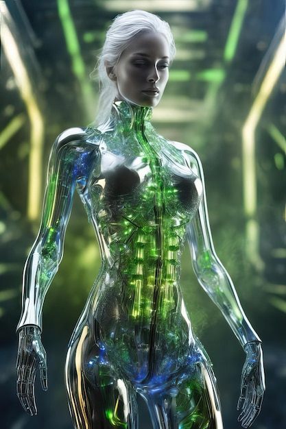 Een futuristische afbeelding van bionische cyborgs en kunstmatige intelligentie die samenkomen om het universum te verkennen.