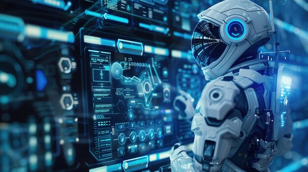 Een futuristische astronautrobot staat voor een complexe digitale interface