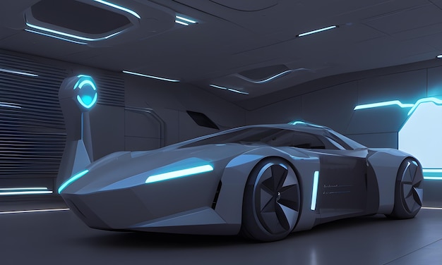 Een futuristische auto in een gebouw met een blauw licht AI Generative