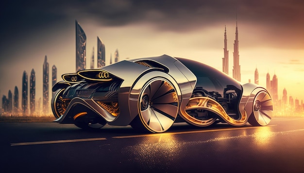 Een futuristische auto met een gouden carrosserie en het woord bugatti op de zijkant.