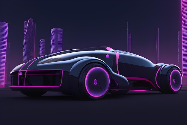 Een futuristische auto met neonlichten op de achtergrond