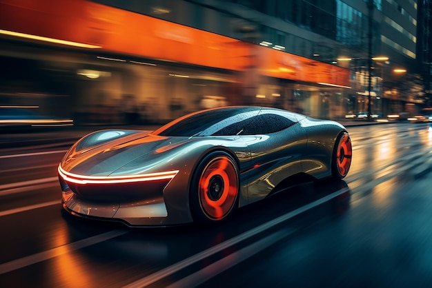 Een futuristische auto op de straten van een stad