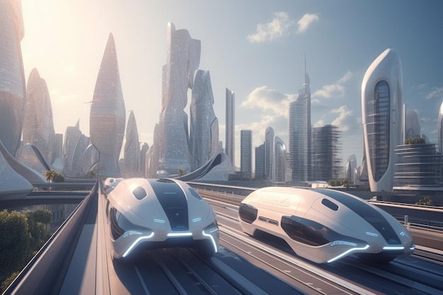 Een futuristische auto rijdt op een snelweg voor de skyline van een stad.
