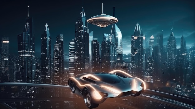 Een futuristische auto vliegt over een stad met een ufo erboven.