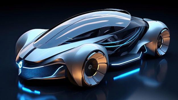 Een futuristische auto waarop de naam staat van het bedrijf dat het merk van de auto is.