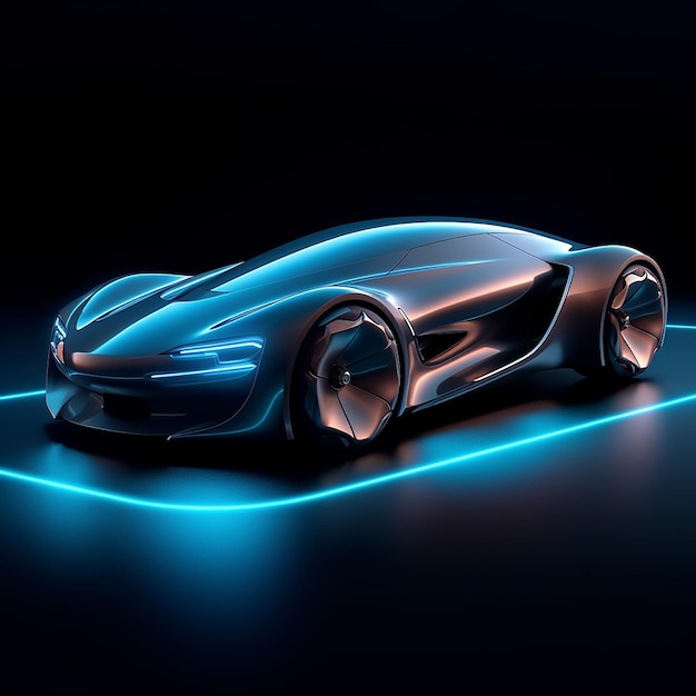 Een futuristische auto wordt getoond met een neonblauwe lijn.